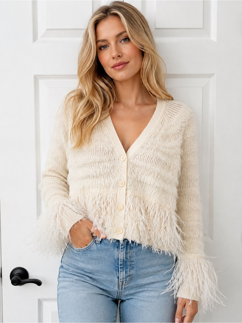 Cinq à Sept Ostrich Feather Fringe Cardigan | Ivory | Size XS NWT $445